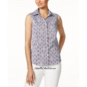 Charter Club pinstripe anchor print collared sleeveless button down top